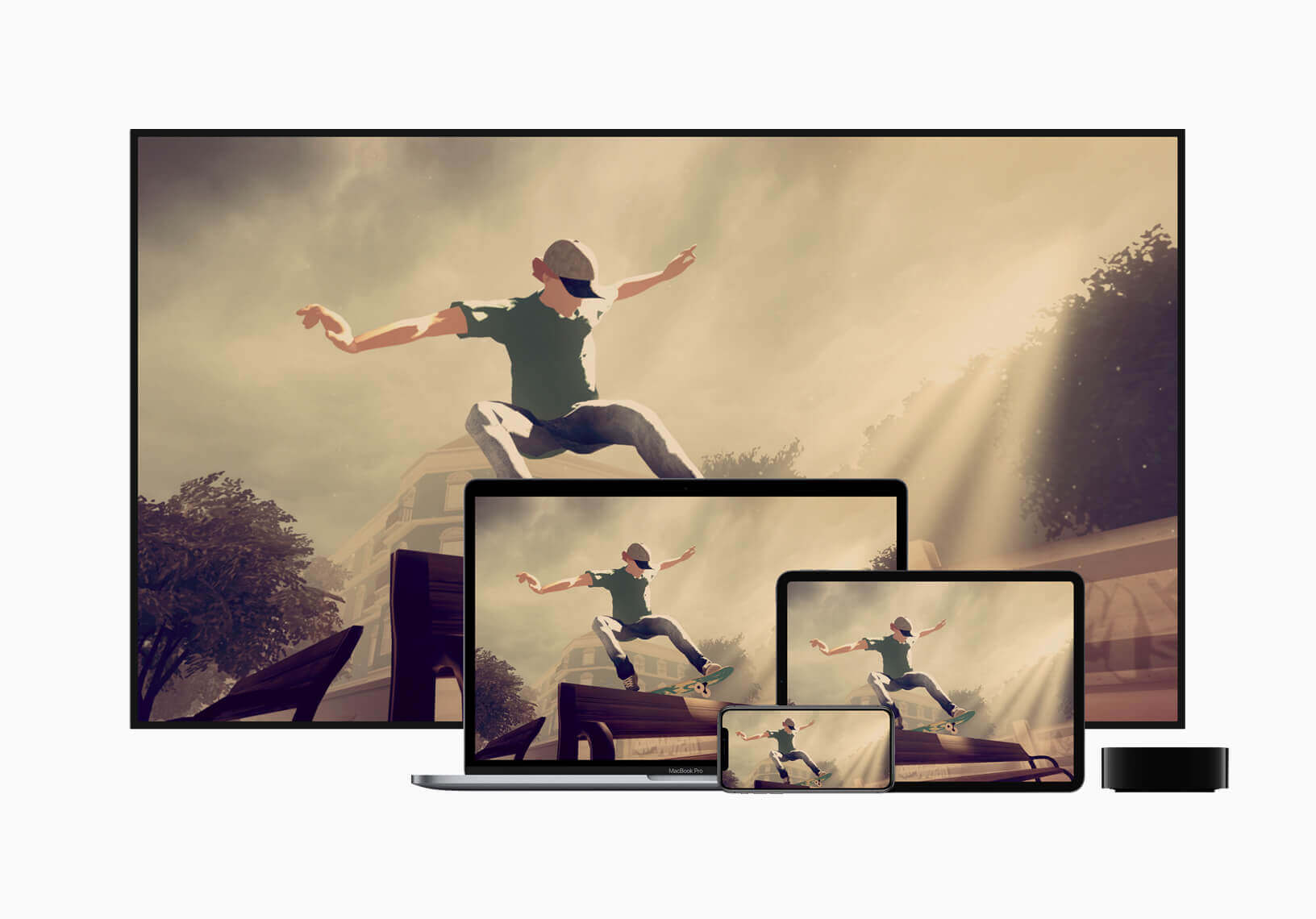 Een iPhone, iPad, MacBook, en TV die een skatespel uit Apple Arcade demonstreren