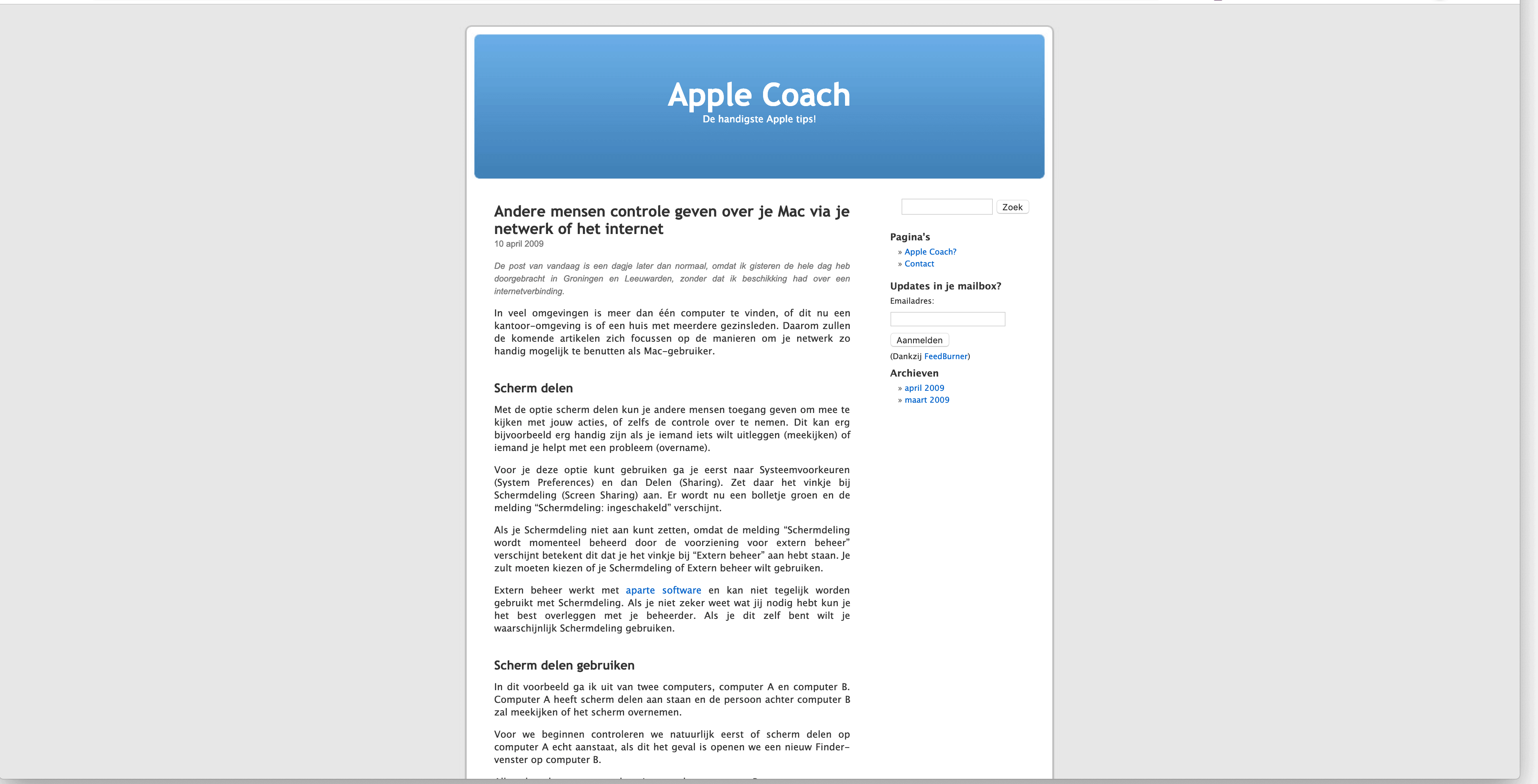Het originele screenshot artikel op de Apple Coach website