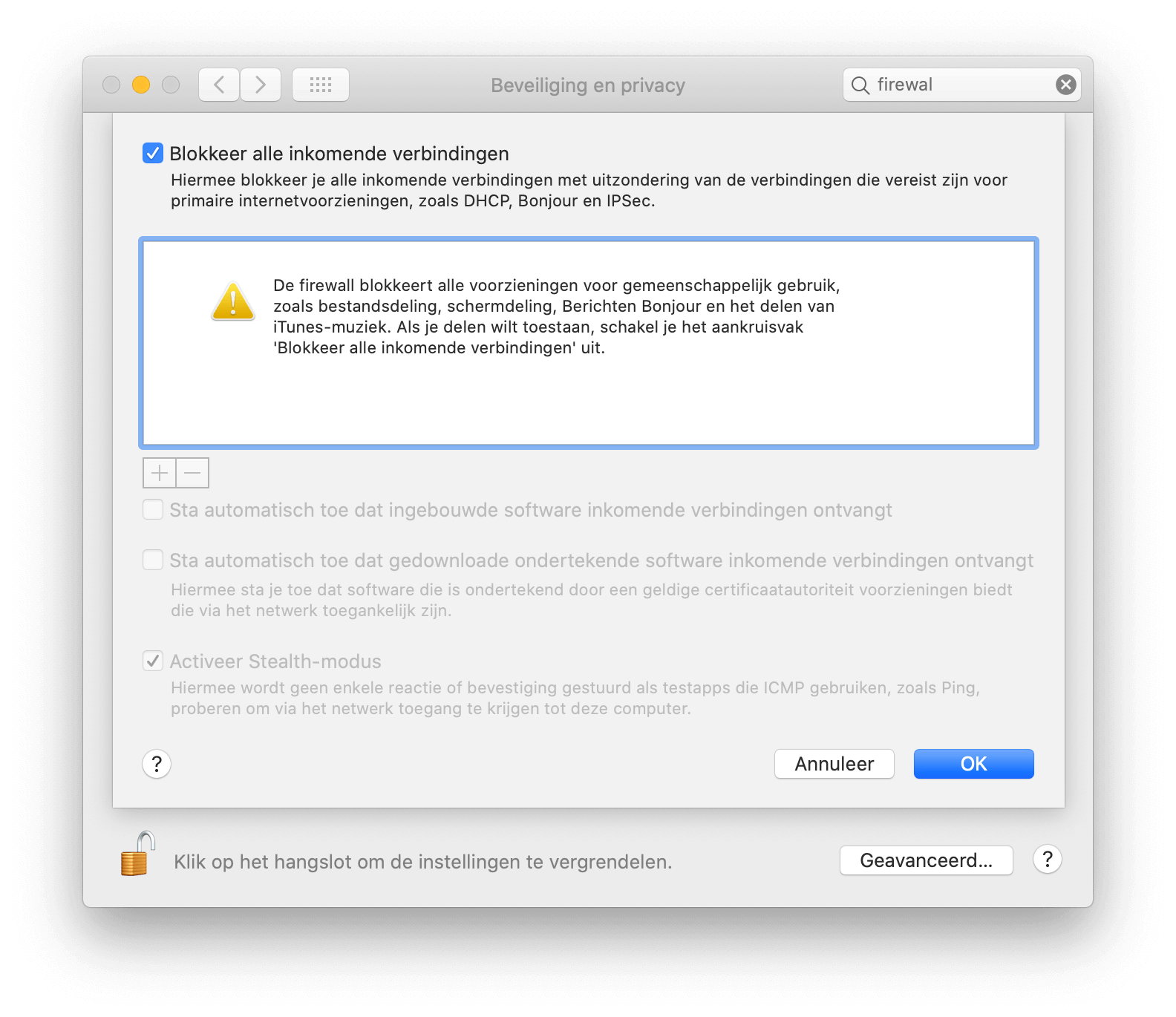 Blokkeer je alle inkomende verbinden met je Mac firewall? Dan zal AirDrop ook niet werken.