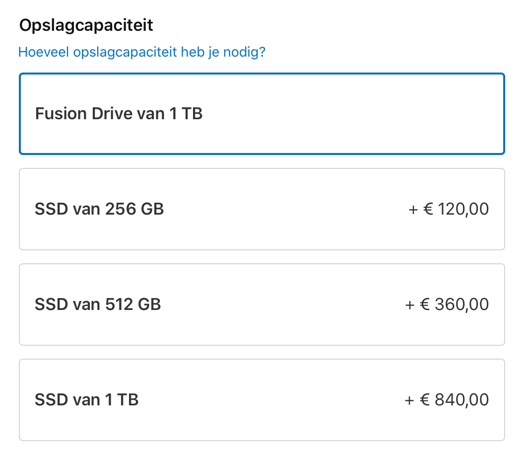 Nemen we de duurste iMac starten we in ieder geval met een 1TB Fusion Drive