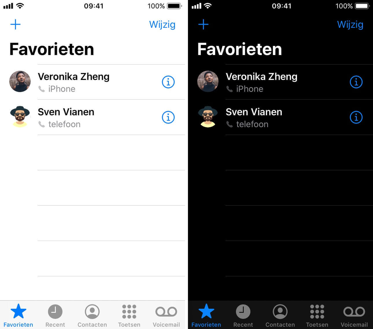 Links de telefoon app met heldere, witte kleuren. Rechts dezelfde telefoon app, maar nu met veel zwart en donkere kleuren.
