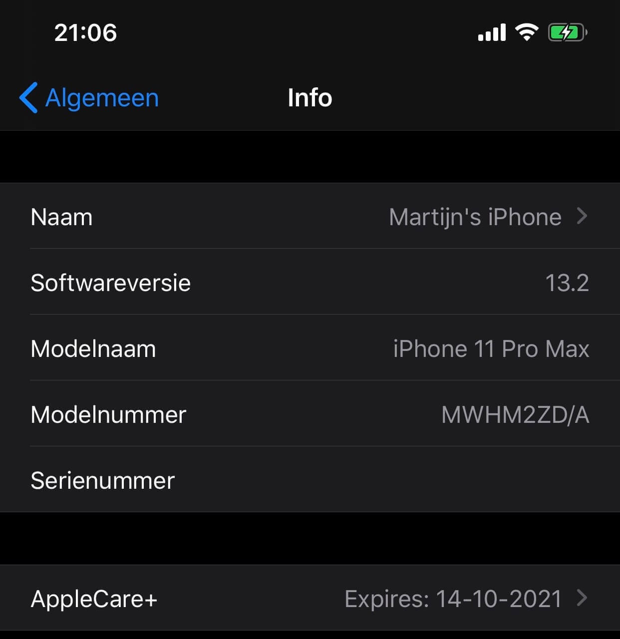 Een iPhone 11 Pro Max met AppleCare+ die verloopt op 14 oktober 2021