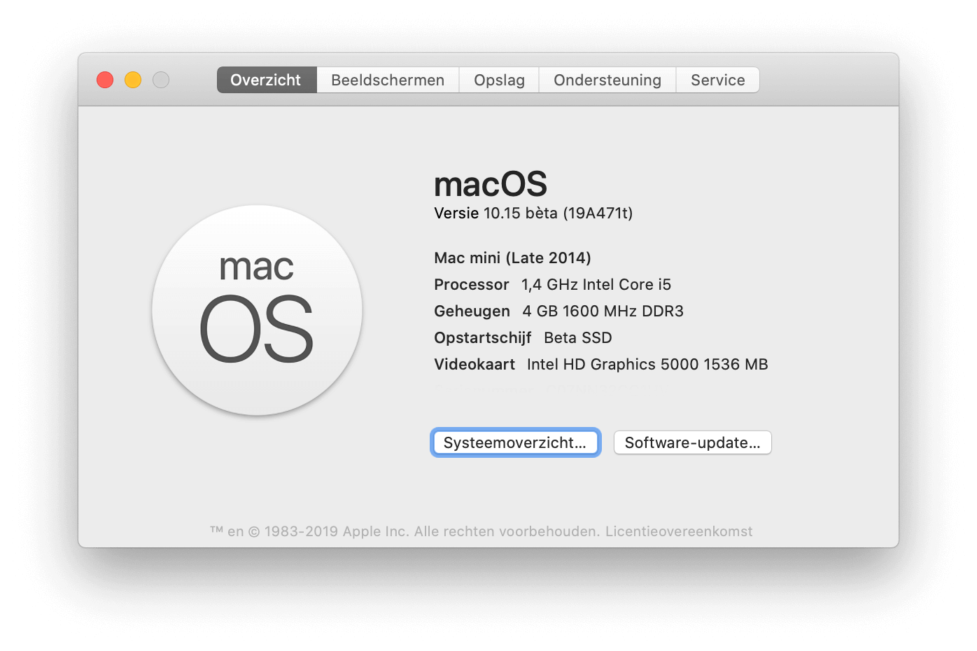Een Mac mini (eind 2012) met macOS 10.15 Catalina