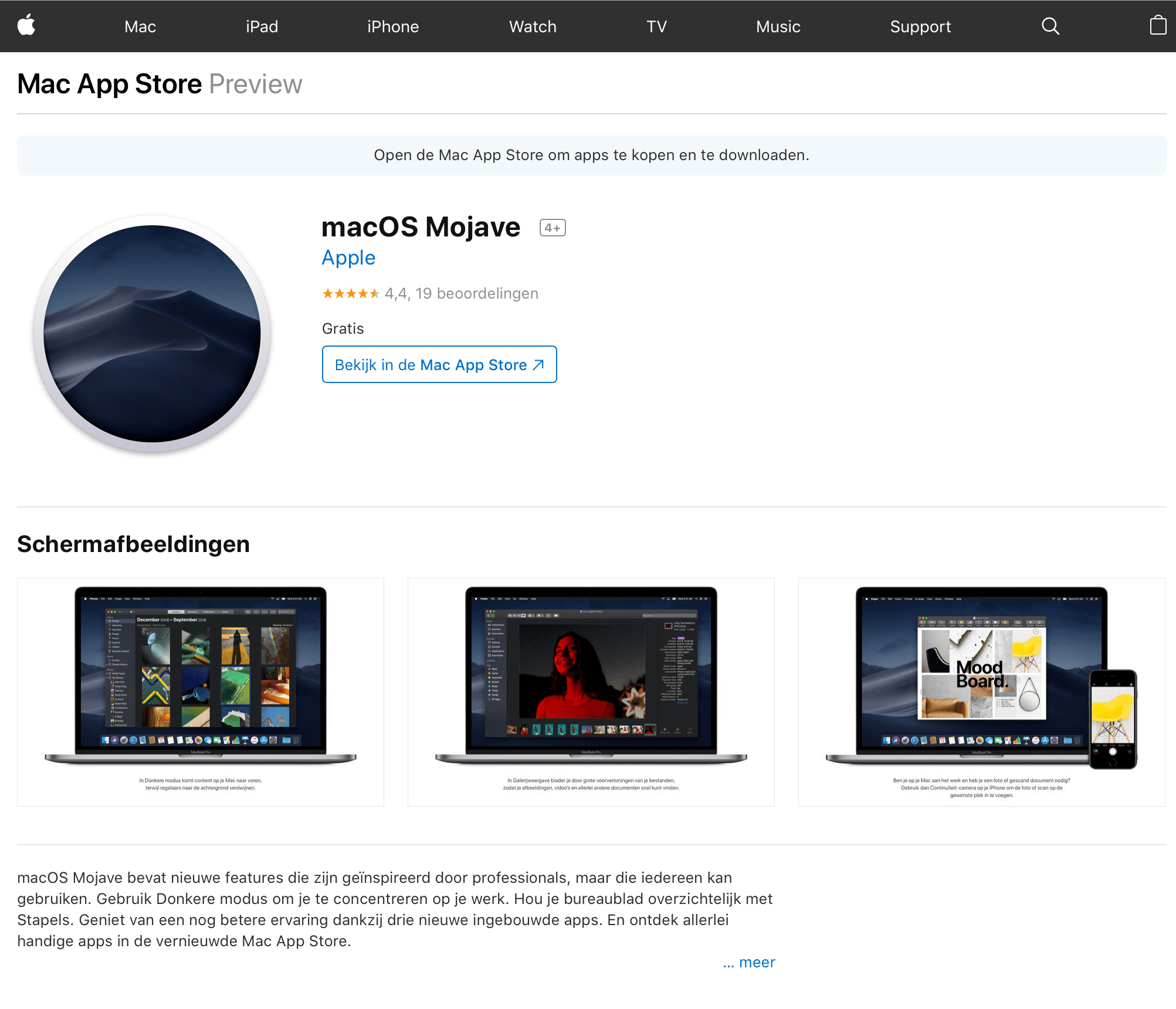 Webpagina in Safari die de tekst "Gratis" toont bij de prijs van macOS Mojave