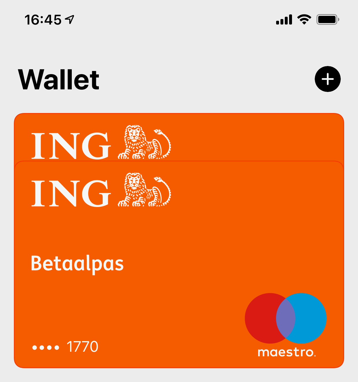 Twee ING-passen overlappen elkaar in de Wallet-app