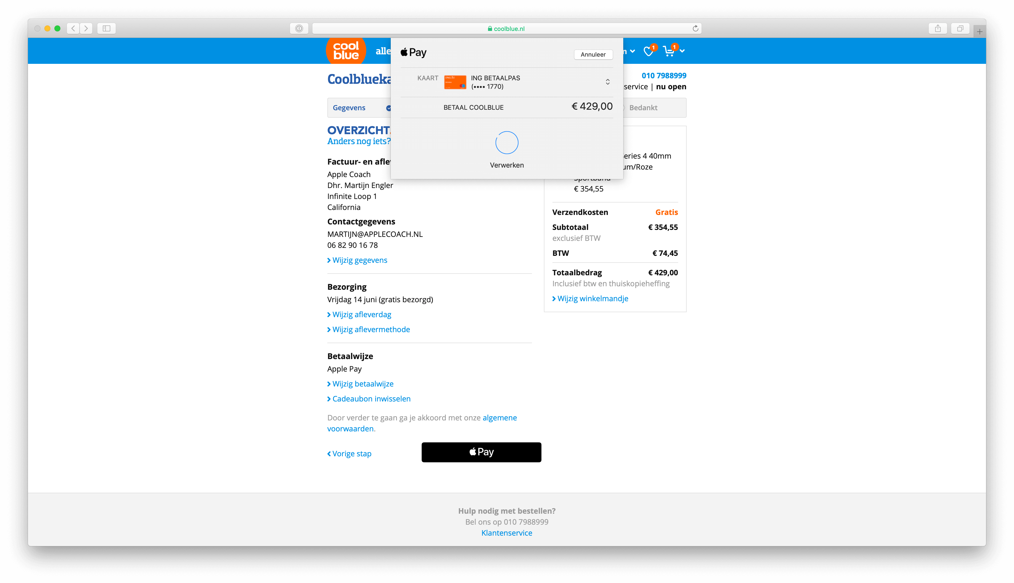 Safari laat een mogelijkheid zien om te betalen met Apple Pay bij webwinkel Coolblue