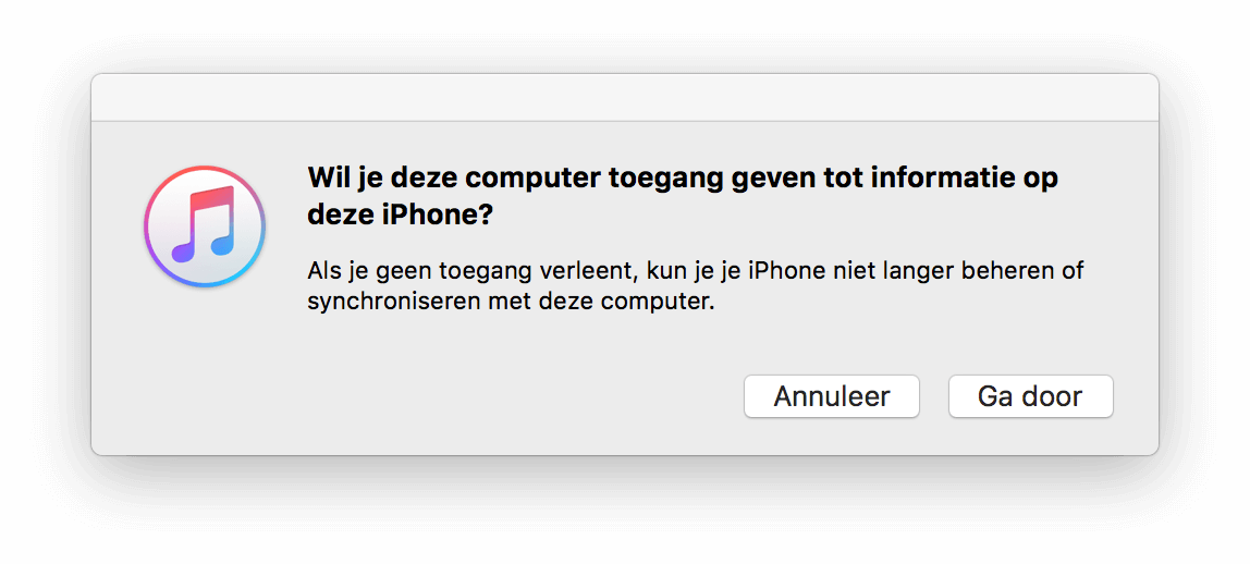 iTunes (op de computer) geeft ook aan dat het alleen bij de gegevens kan nadat je toestemming geeft op de iPhone